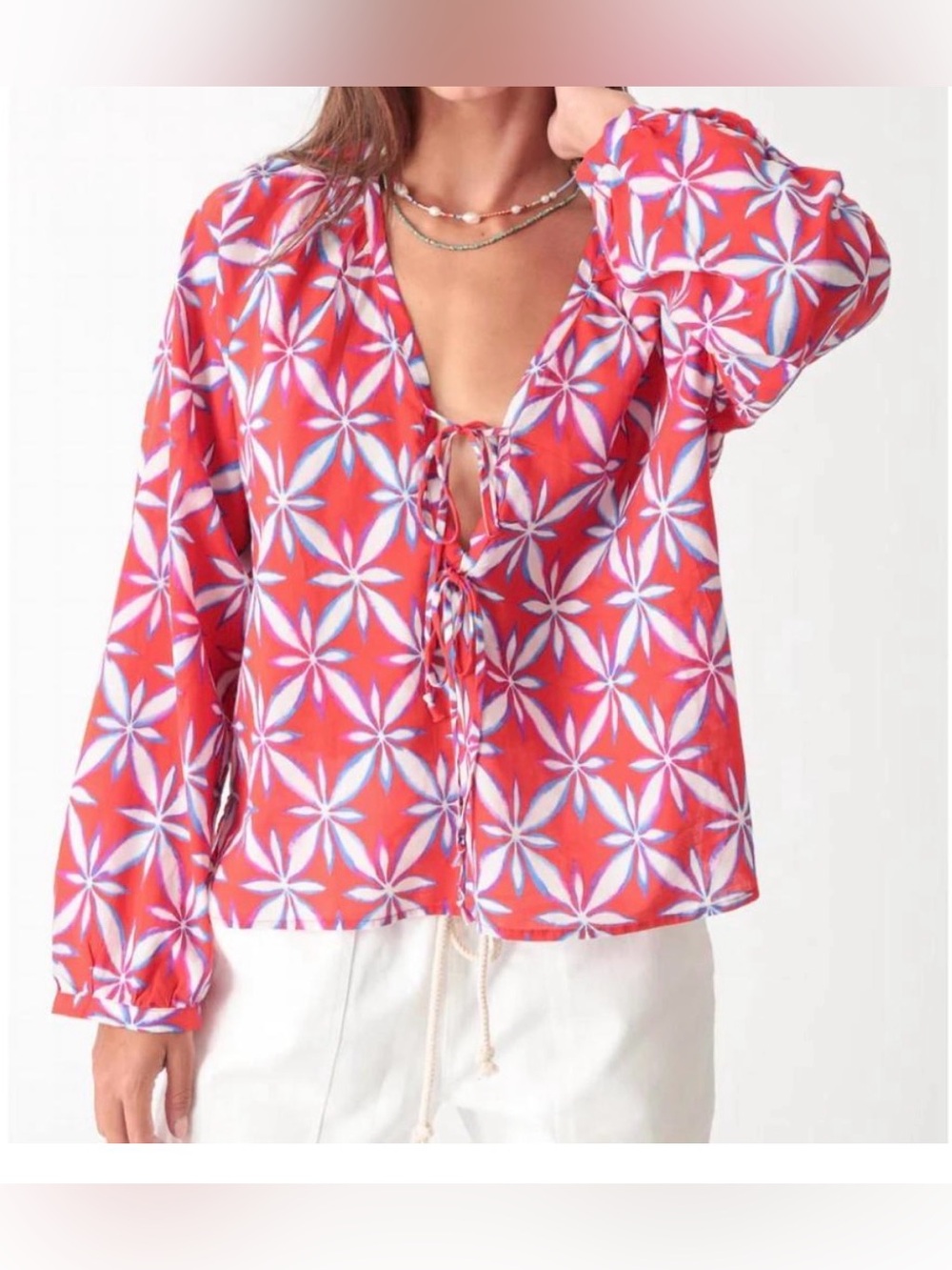 Electric & Rose Meridian Cherry Red Floral Tie-Front Blouse
